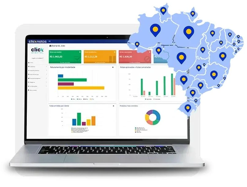 Notebook com a tela do sistema emissor de notas fiscais ClickNotas e o mapa do Brasil, representando o emissor nacional de nota fiscal MEI ilimitado.