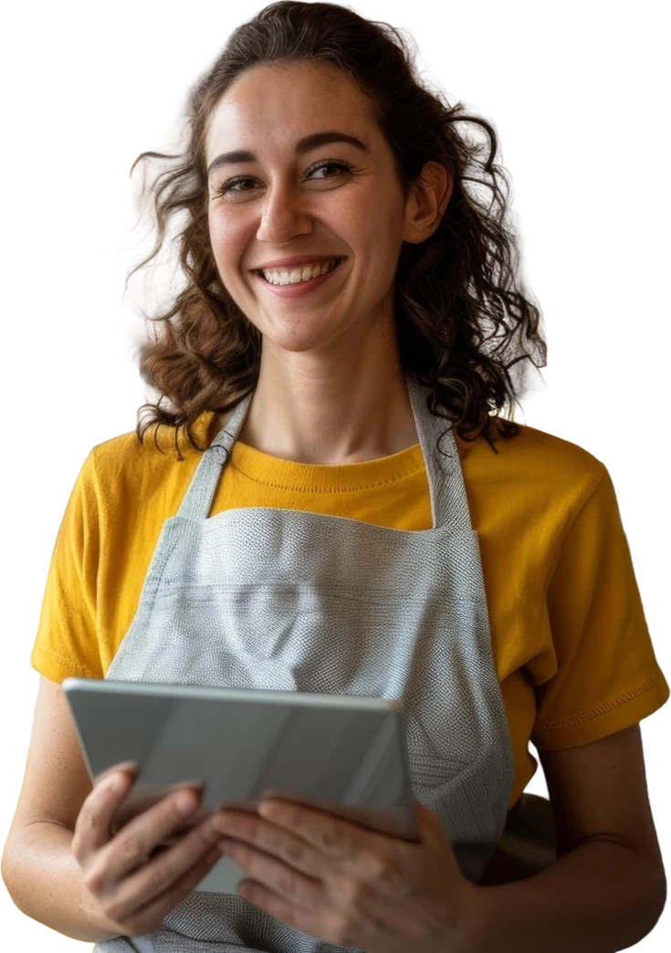 Atendente de restaurante sorrindo, de avental, com tablet nas mãos