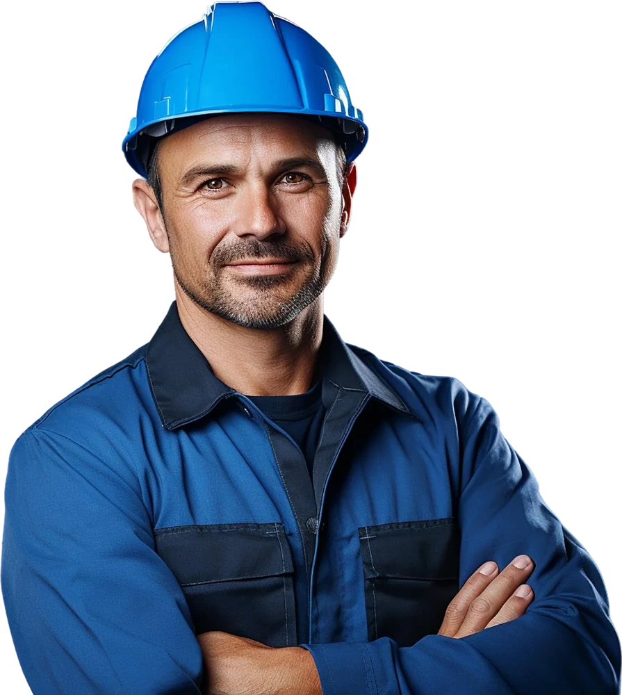 Profissional de obras de capacete e uniforme azul, de braços cruzados