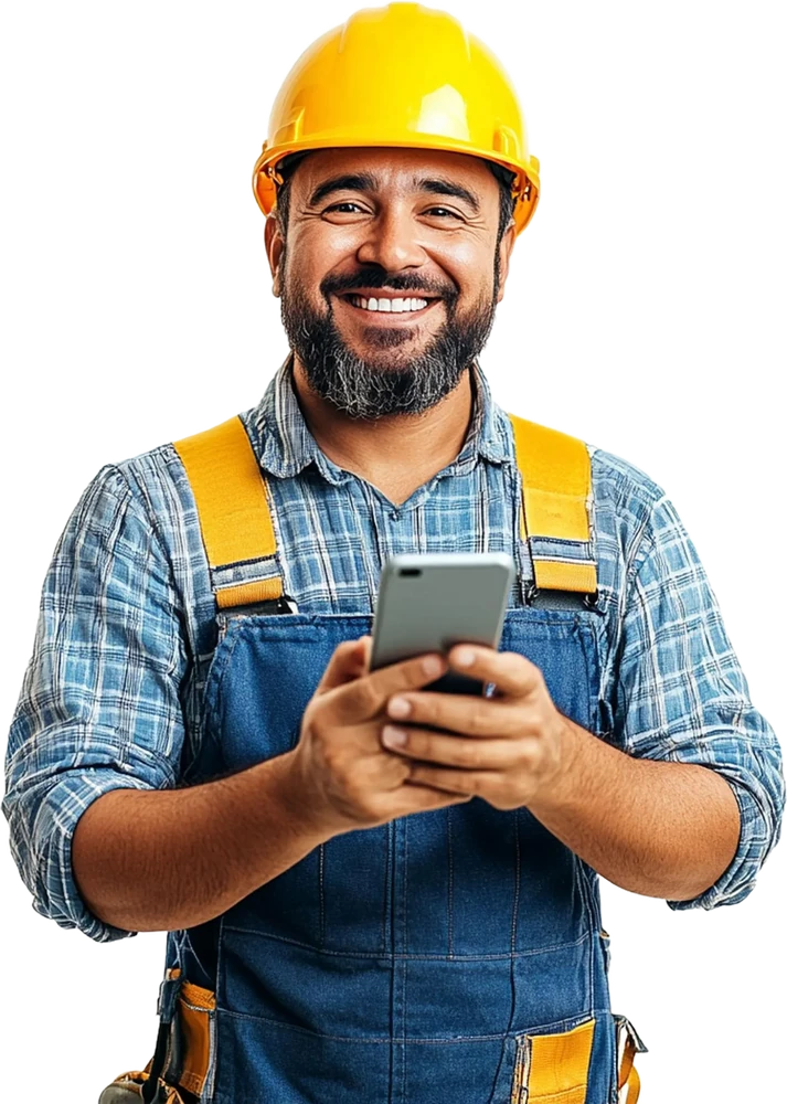 Encanador sorrindo, de capacete amarelo e macacão, usando o celular