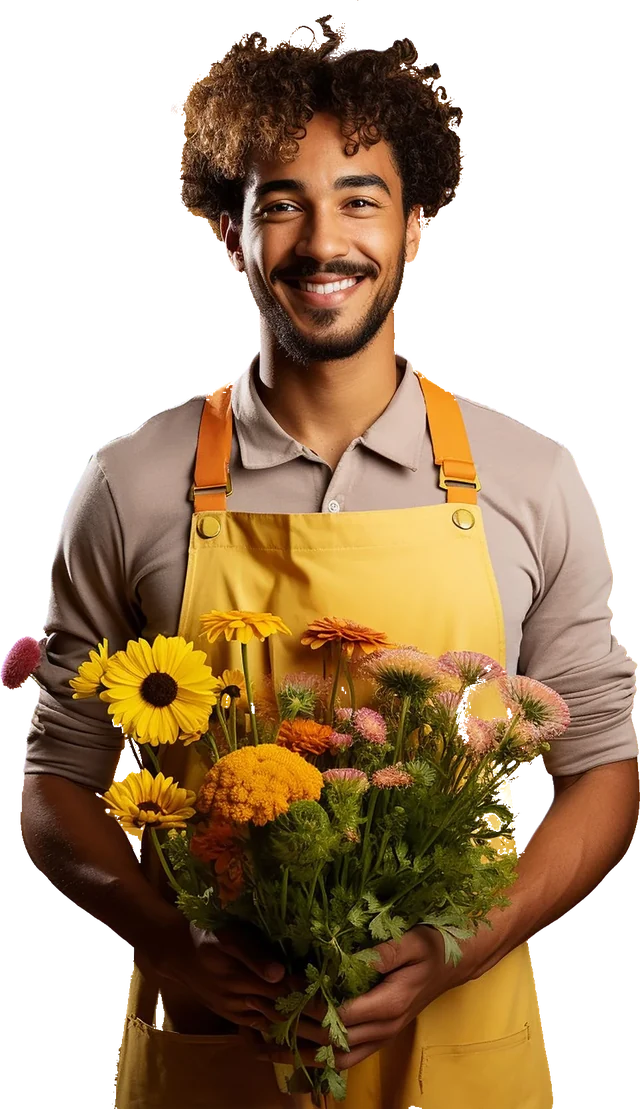 Florista sorrindo, de avental amarelo, segurando um buquê de flores