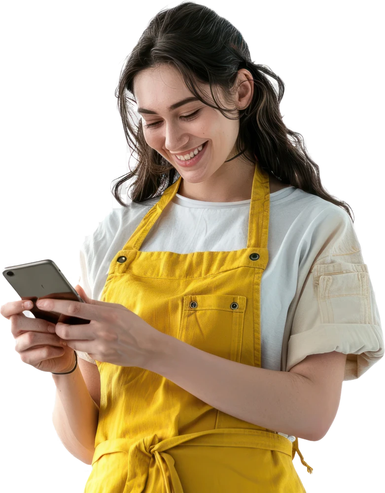 Manicure sorrindo, de avental amarelo, emitindo a nota pelo celular