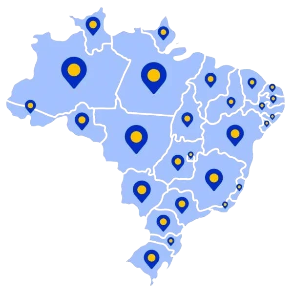 Mapa do Brasil com marcadores de localização em todos os estados, representando a presença do ClickNotas em todo o território nacional