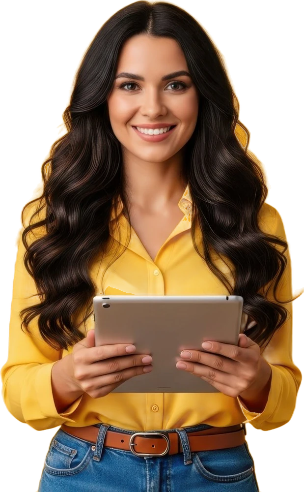 Nutricionista sorrindo, de camisa amarela, segurando um tablet
