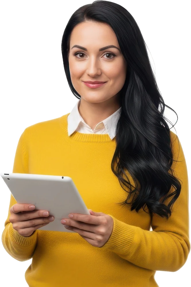 Psicóloga sorrindo, de suéter amarelo, segurando um tablet