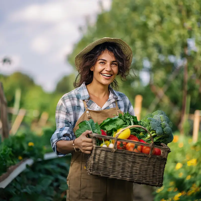 Agricultora feliz com as plantações e com a evolução do seu negócio usando o sistema emissor de NFP-e do ClickNotas