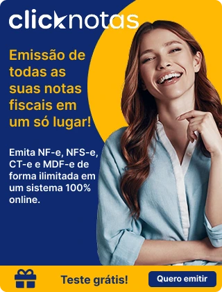 Banner de uma empresária satisfeita com o sistema ClickNotas, com frases e propaganda para o sistema.