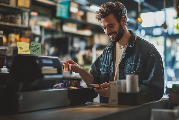 Empreendedor colocando dinheiro da venda no caixa. Para após emitir NFC-e.