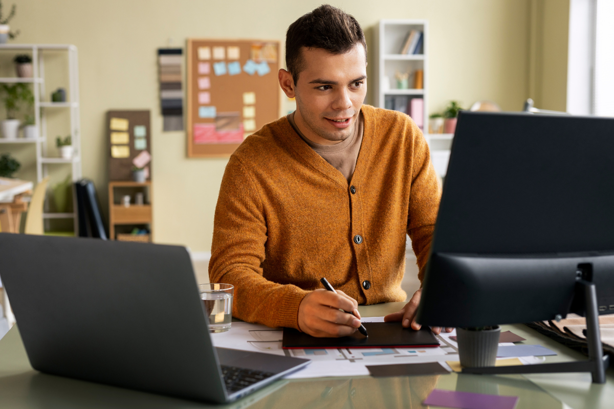 Empreendedor escolhendo um emissor de notas em seu notebook.