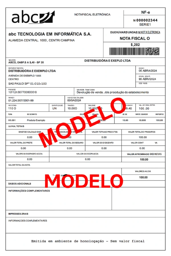Exemplo de nota fiscal de devolução