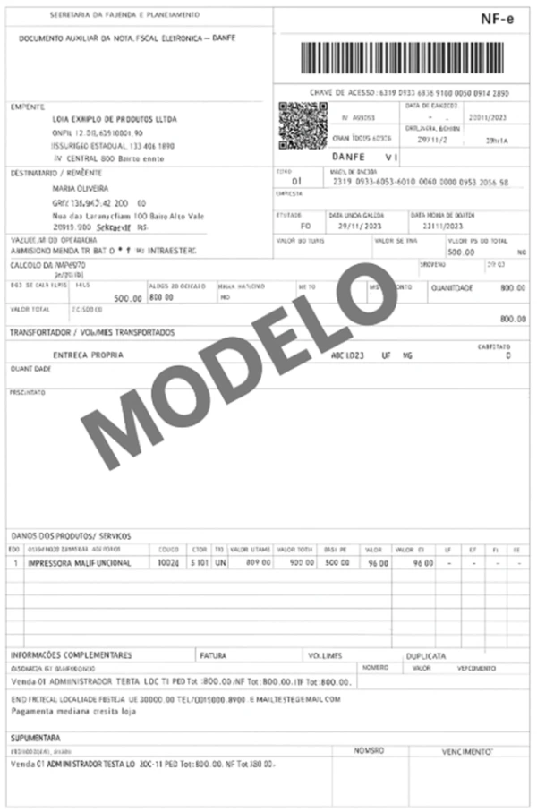 Modelo básico de Nota Fiscal NF-e.