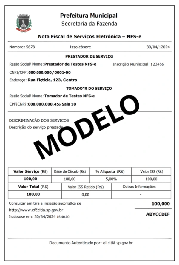 Modelo básico de Nota Fiscal NFS-e.