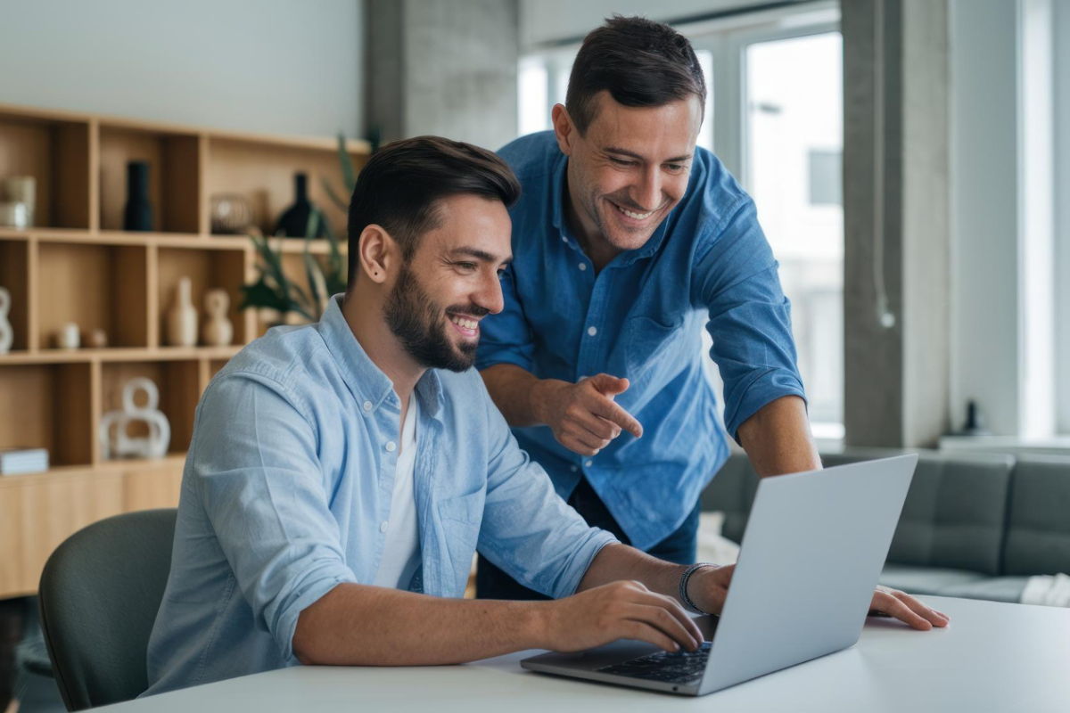 Dois homens em ambiente de escritório dialogando e usando um notebook, um deles em pé e o outro sentado, referenciando: CFOP 5405: tudo sobre venda interestadual para consumidor final.