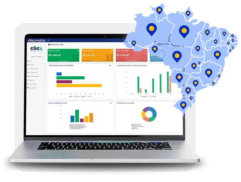 Notebook com a imagem na tela referente ao sistema emissor de notas fiscais ClickNotas com o mapa do Brasil sobrepondo uma pequena parte do notebook do lado direito representando Emissor nacional de nota fiscal MEI ilimitado.