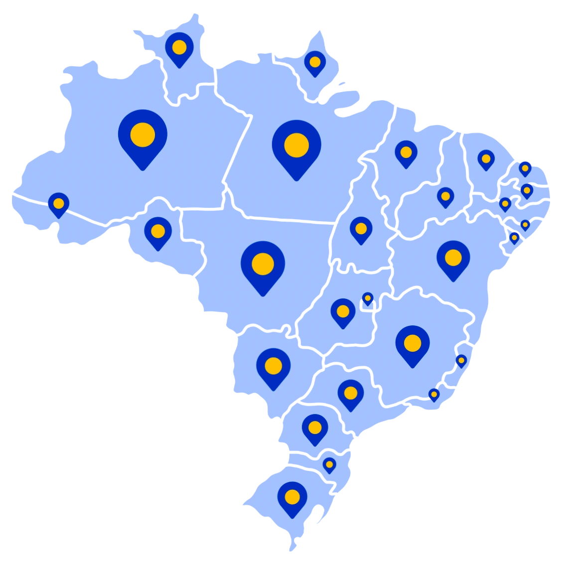 Mapa do brasil com ícones de localização em todos os estados representando a presença do sistema emissor de notas fiscais ClickNotas em todo território nacional.