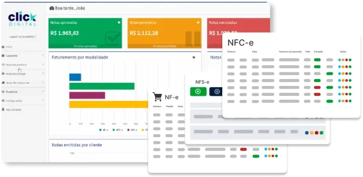 Captura de tela do sistema ClickNotas com ilustração dos tipos de notas fiscais que ele emite, evidenciando as vantagens de se ter um emissor de diferentes tipos de notas fiscais que atende de MEI a grandes empresas.