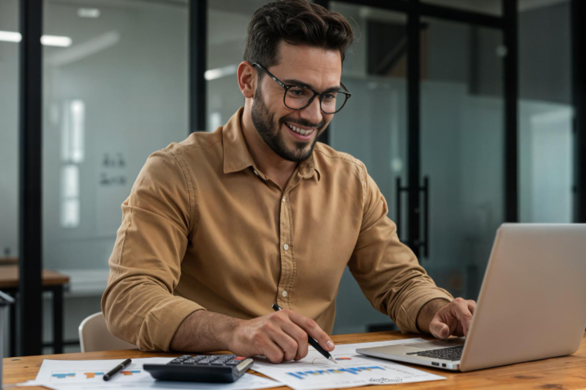 Homem em ambiente de escritório sentado usando notebook, calculadora, fazendo anotações e analisando documentos representando: Quais são os prazos de implementação da Reforma Tributária até 2033?