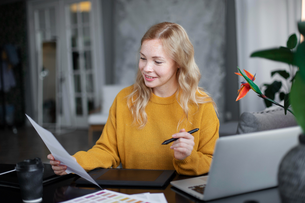 Mulher em ambiente de escritório sentada usando notebook sobre uma mesa e lendo documento em mãos representando: O que é a não cumulatividade plena da Reforma Tributária?