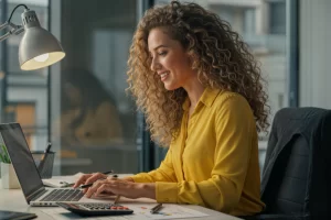 Mulher trabalhando em um notebook sobre uma mesa em ambiente de escritório representando: Tributos empresariais: quais você deve acompanhar com atenção?