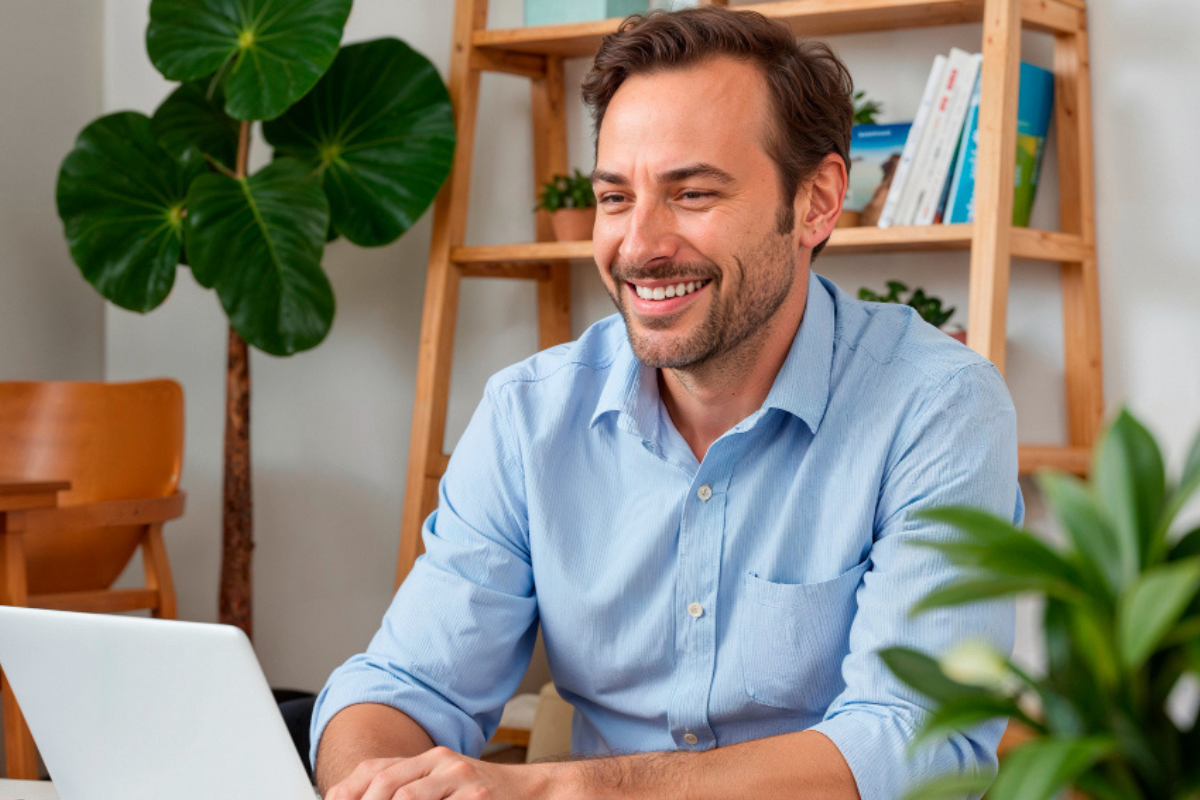 Homem sorridente sentado trabalhando em um notebook em ambiente de escritório representando: Regime tributário: como saber o ideal para a empresa.