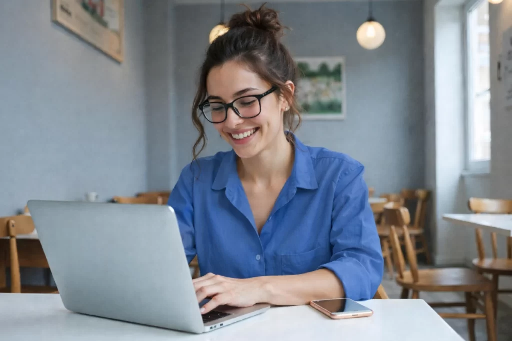 Mulher trabalhando em um notebook sobre uma mesa em ambiente de escritório representando: Como emitir NFS-e durante a transição da Reforma Tributária em 2026?