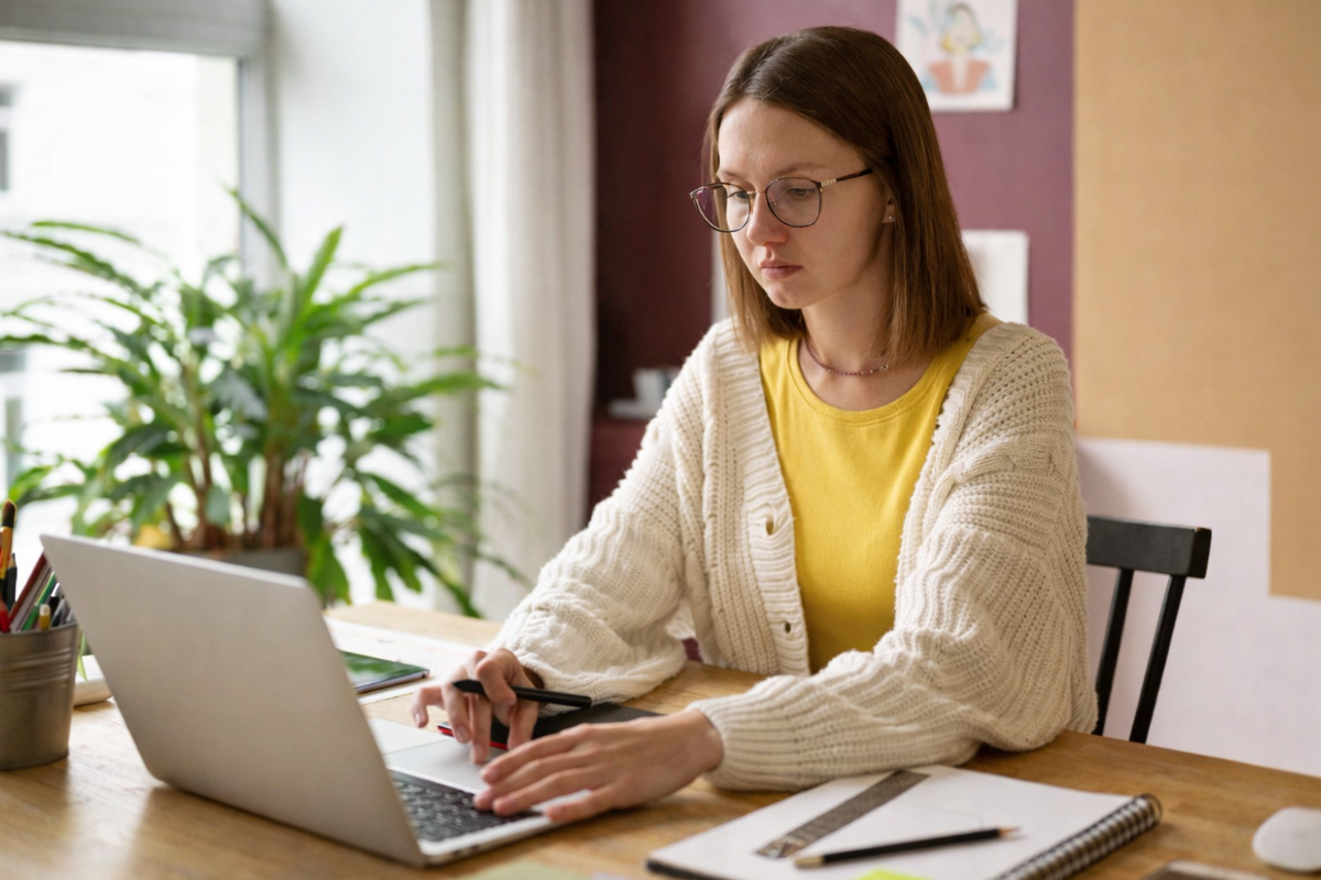 Mulher trabalhando em um notebook sobre uma mesa em ambiente de escritório representando: Emissão incorreta de notas fiscais na Reforma Tributária: quais os riscos?