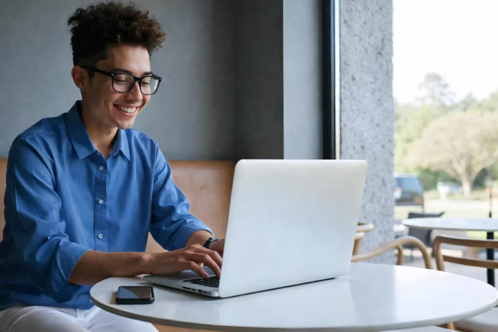 Homem sentado trabalhando em um notebook em ambiente home office representando: IBS e CBS na escrituração contábil: o que muda?