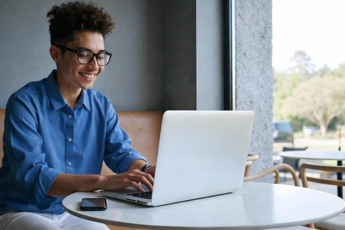 Homem sentado trabalhando em um notebook em ambiente home office representando: IBS e CBS na escrituração contábil: o que muda?