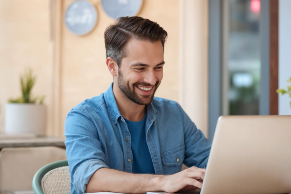 Homem sentado trabalhando em um notebook em ambiente home office representando: Contas a pagar da microempresa na Reforma Tributária: como manter tudo em dia.