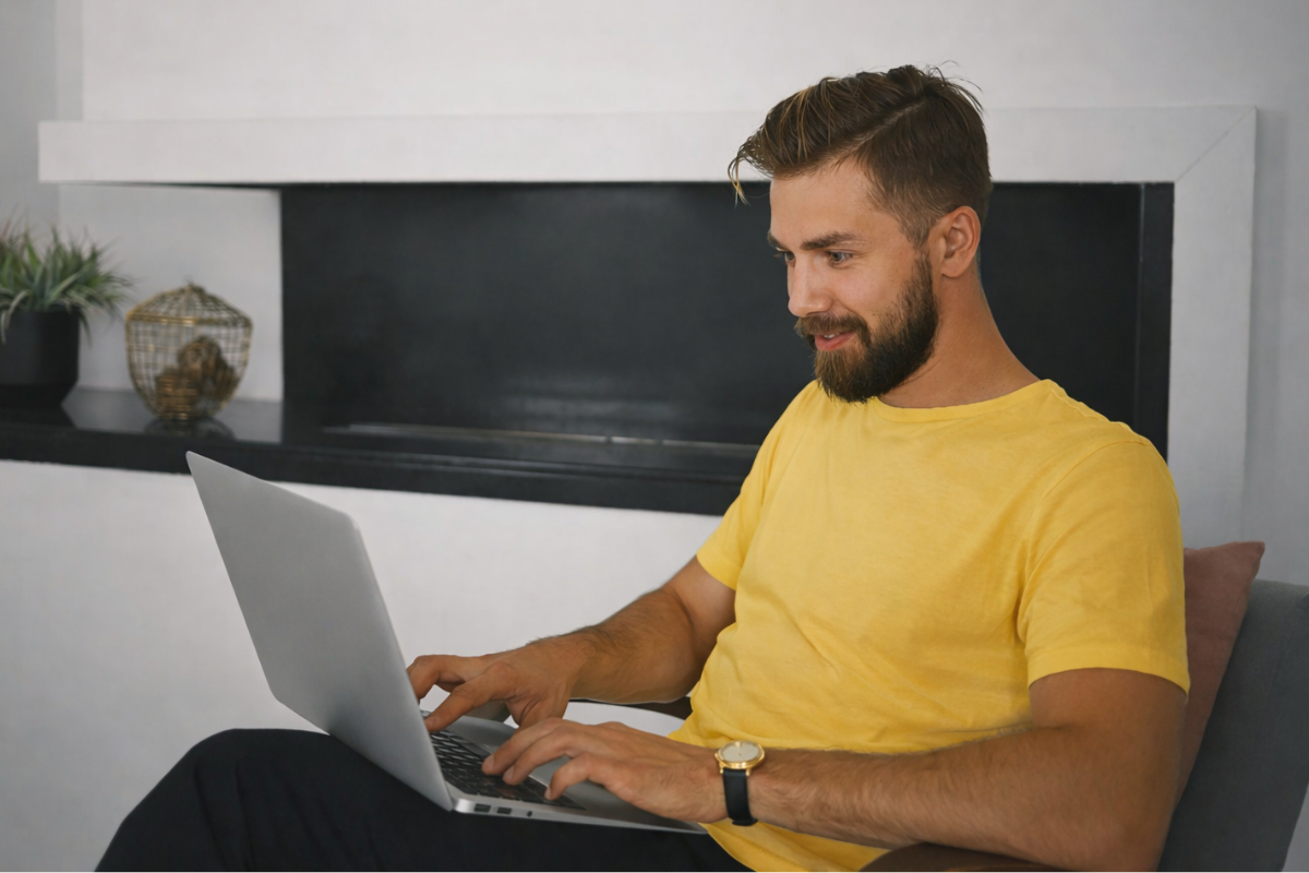 Homem sentado trabalhando em um notebook em ambiente home office representando: Reforma Tributária e emissor de notas fiscais: o que sua empresa precisa parametrizar agora para não errar tributos em 2026.