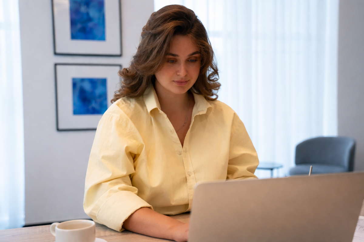 Mulher trabalhando em um notebook sobre uma mesa em ambiente de escritório representando: CFOP 2653: compra de combustível ou lubrificante por consumidor ou usuário final.