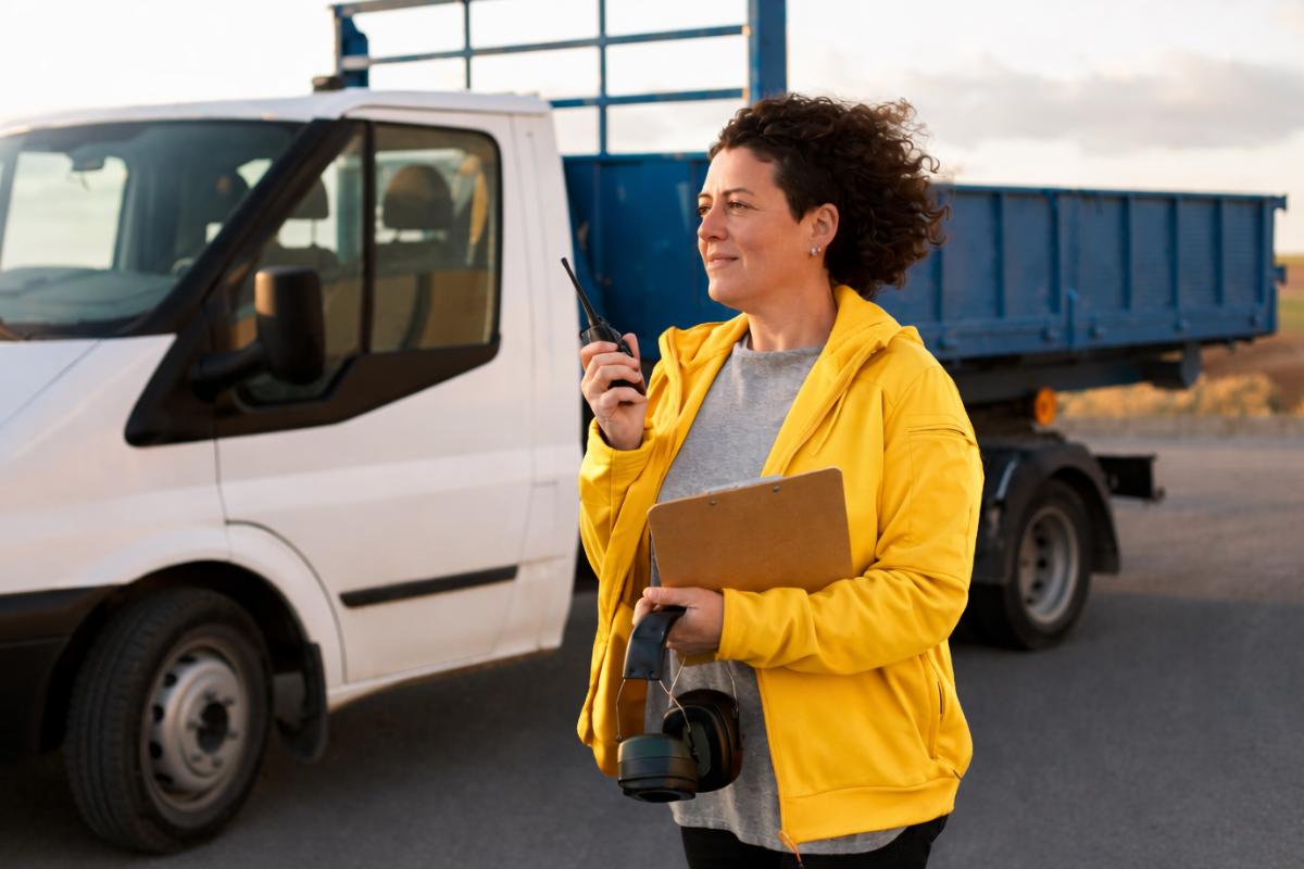 Mulher em um estacionamento próximo a um caminhão estacionado com uma prancheta e rádio comunicador nas mãos representando: CFOP 1652: Compra de combustível ou lubrificante para comercialização.