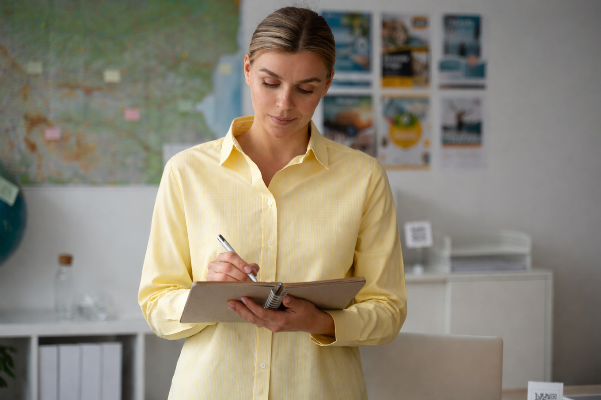 Mulher empresária andando com prancheta em mãos fazendo anotações em ambiente de escritório representando: Governança empresarial para microempresas: por onde começar?