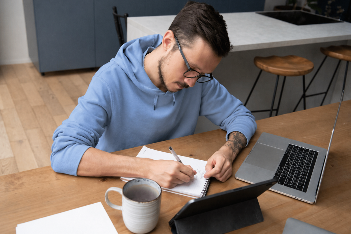 Jovem trabalhando sentado fazendo anotações em um caderno com um notebook e um tablet a sua frente sobre a mesa representando: Dividendos: o que são e como funciona sua tributação.