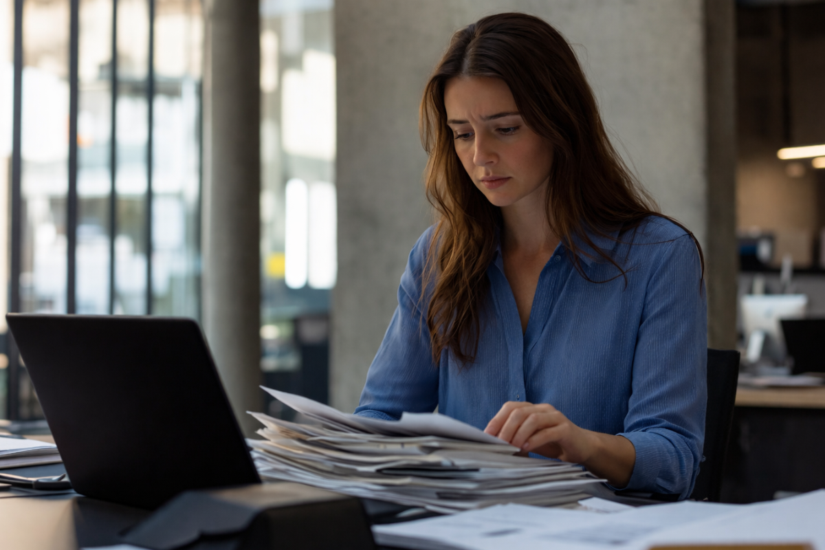 Mulher trabalhando em um notebook sobre uma mesa em ambiente de escritório representando: O que caracteriza sonegação e o que é erro operacional?