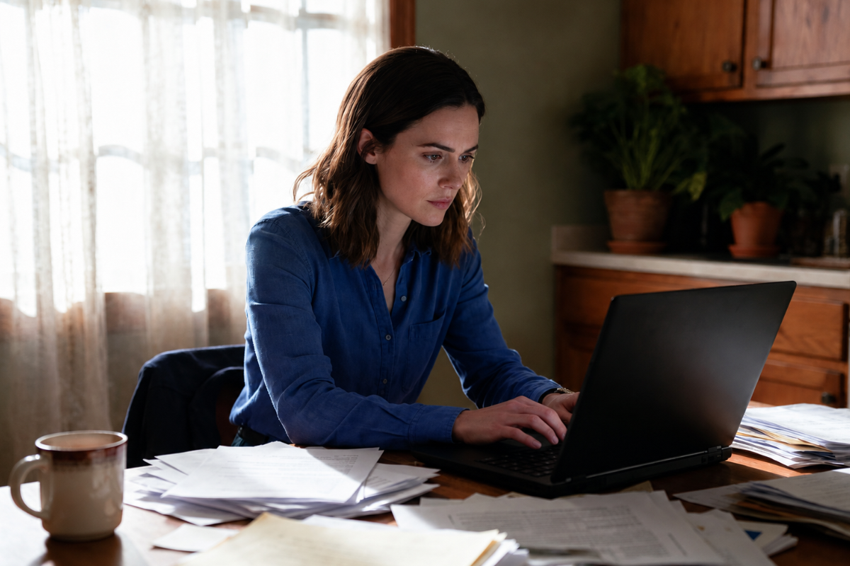 mulher em seu escritório pensativa e teclando em seu notebook que está sobre a mesa, representando: Nota fiscal complementar: quando é obrigatória?